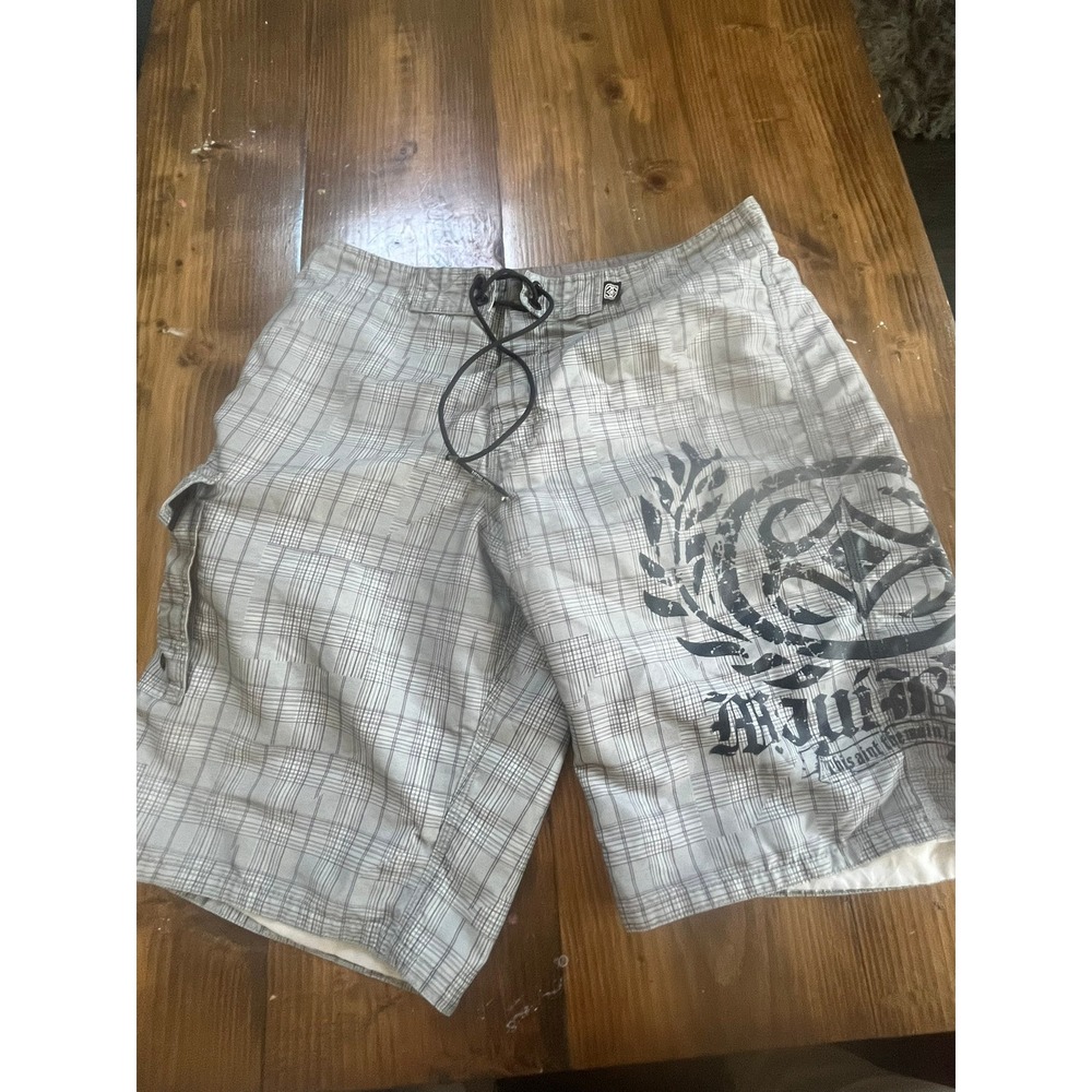 Maui Built Mens Grey Plaid Board Shorts Size 34 Graphic Microfiber Swim Trunks